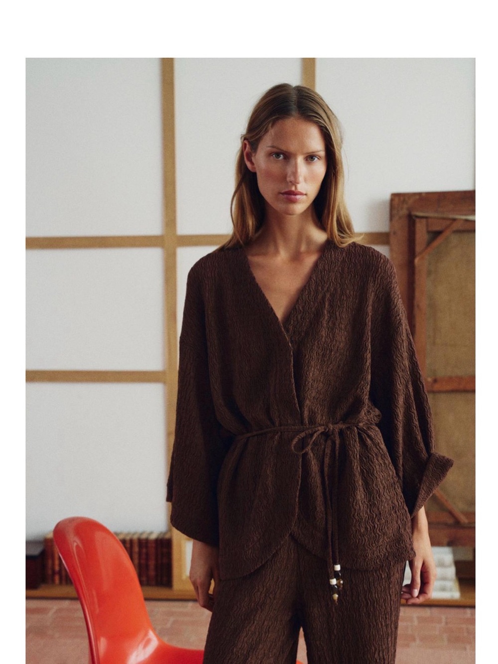 Brown Textured Wrap Top with Tie Waist